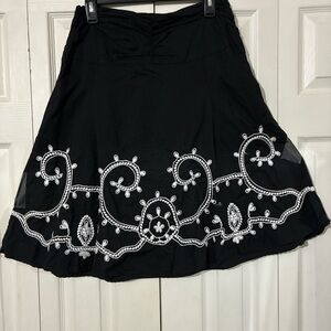 Carole Little Black A-Line Skirt with White Embroidered Scrollwork